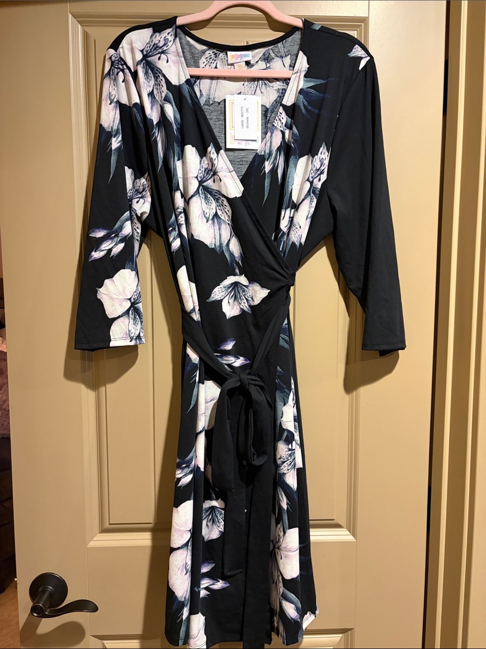 Lularoe Black Floral Wrap Dress with Pale Pink & Ivory Blooms Size 3XL
